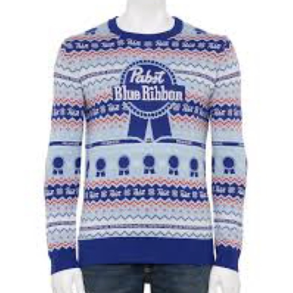 Pabst Blue Ribbon PBR Christmas Sweater NEW Small Men’s Blue Beer